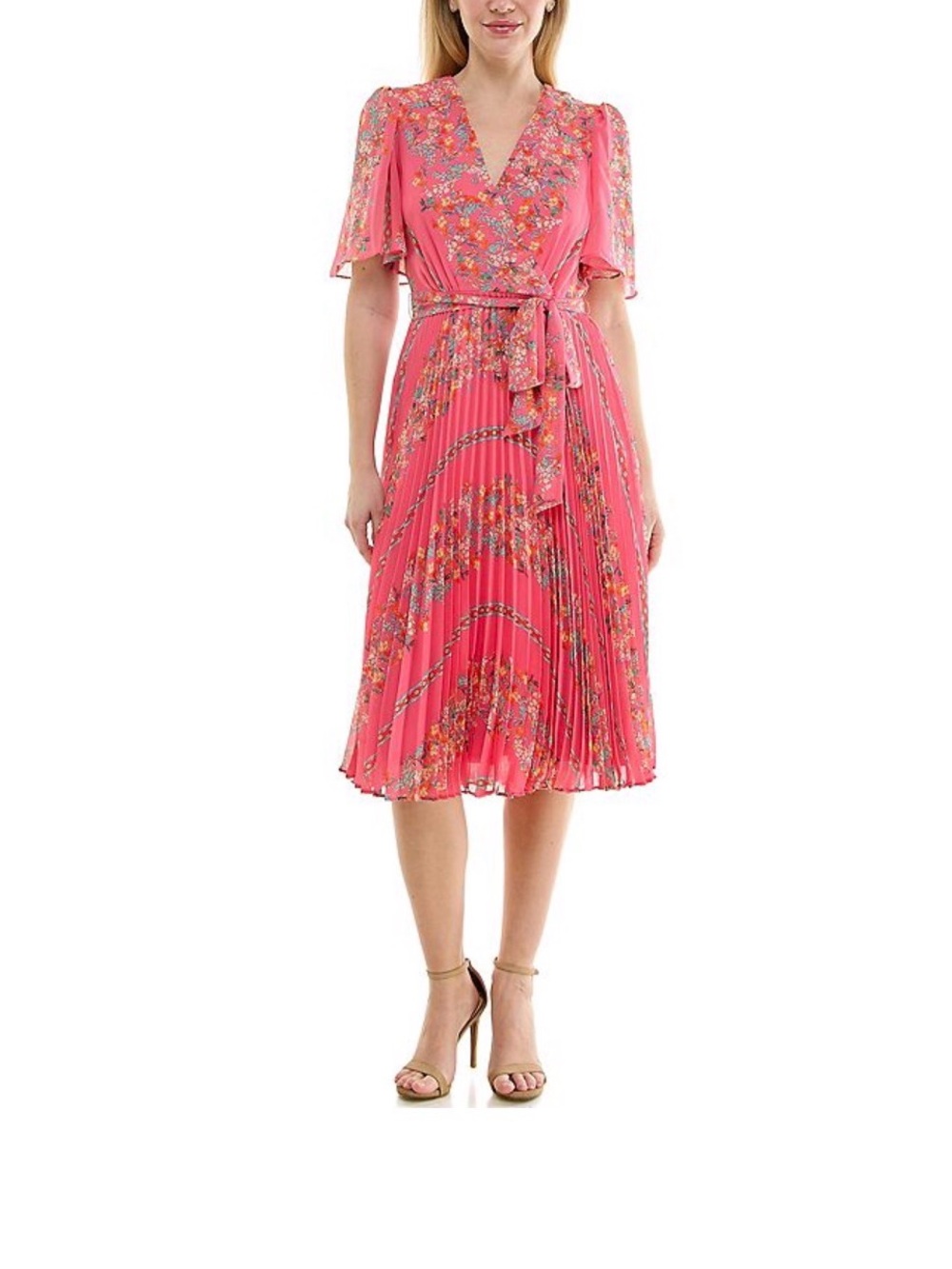 Maison Tara Pink Floral Pleated Wrap Midi Dress